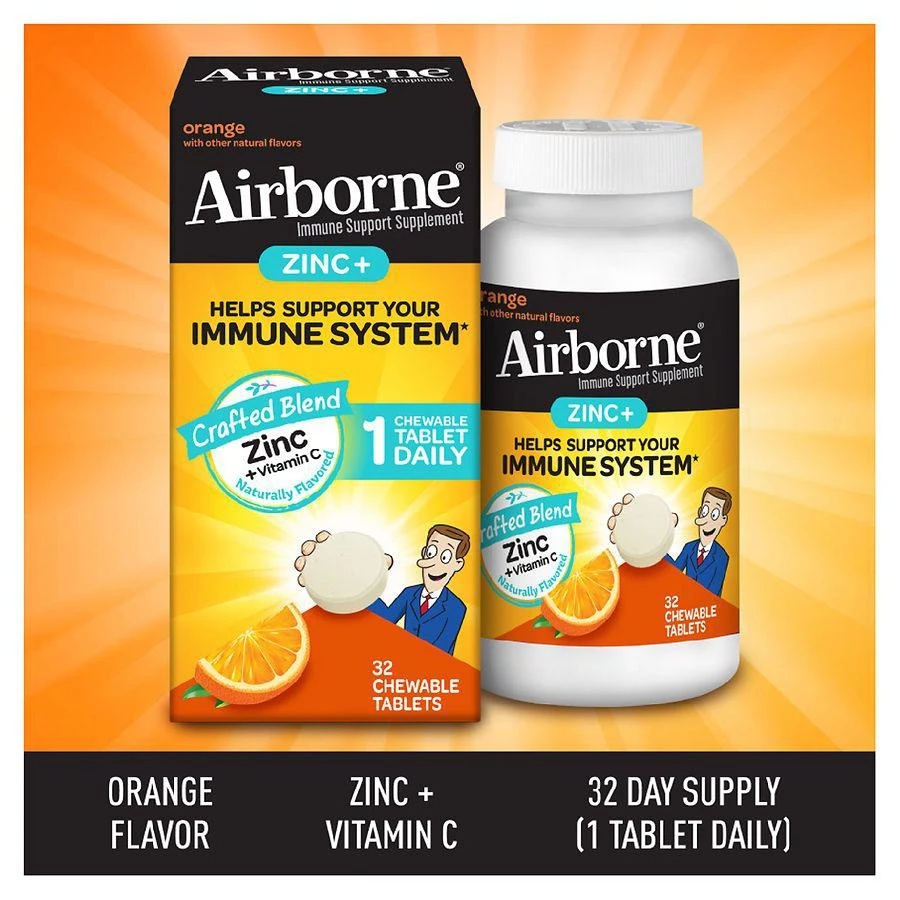 商品Airborne|Zinc + Vitamin C Immune Support Supplement Chewable Tablets Orange,价格¥216,第3张图片详细描述