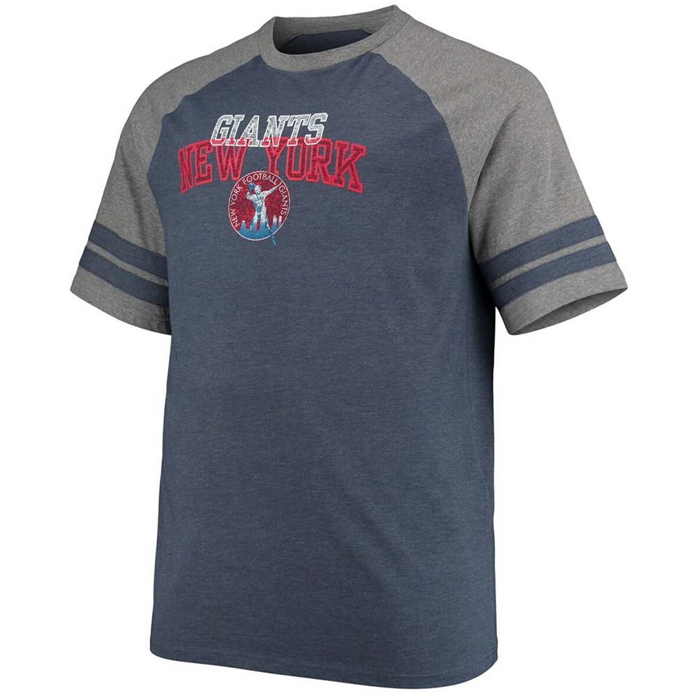 Men's Big and Tall Navy, Heathered Gray New York Giants Throwback 2-Stripe Raglan T-shirt商品第3张图片规格展示