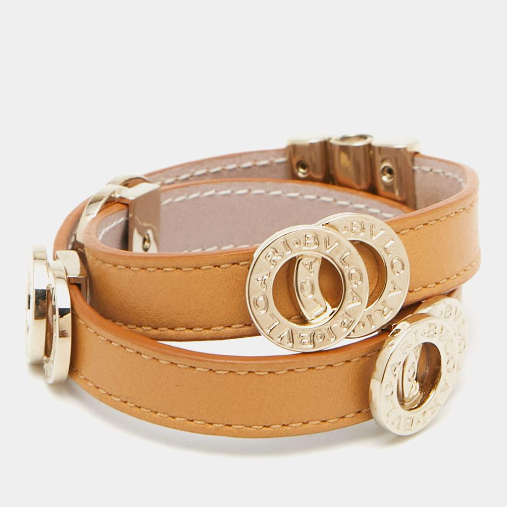 Bvlgari Tan Leather Gold Tone Double Coiled Wrap Bracelet商品第3张图片规格展示