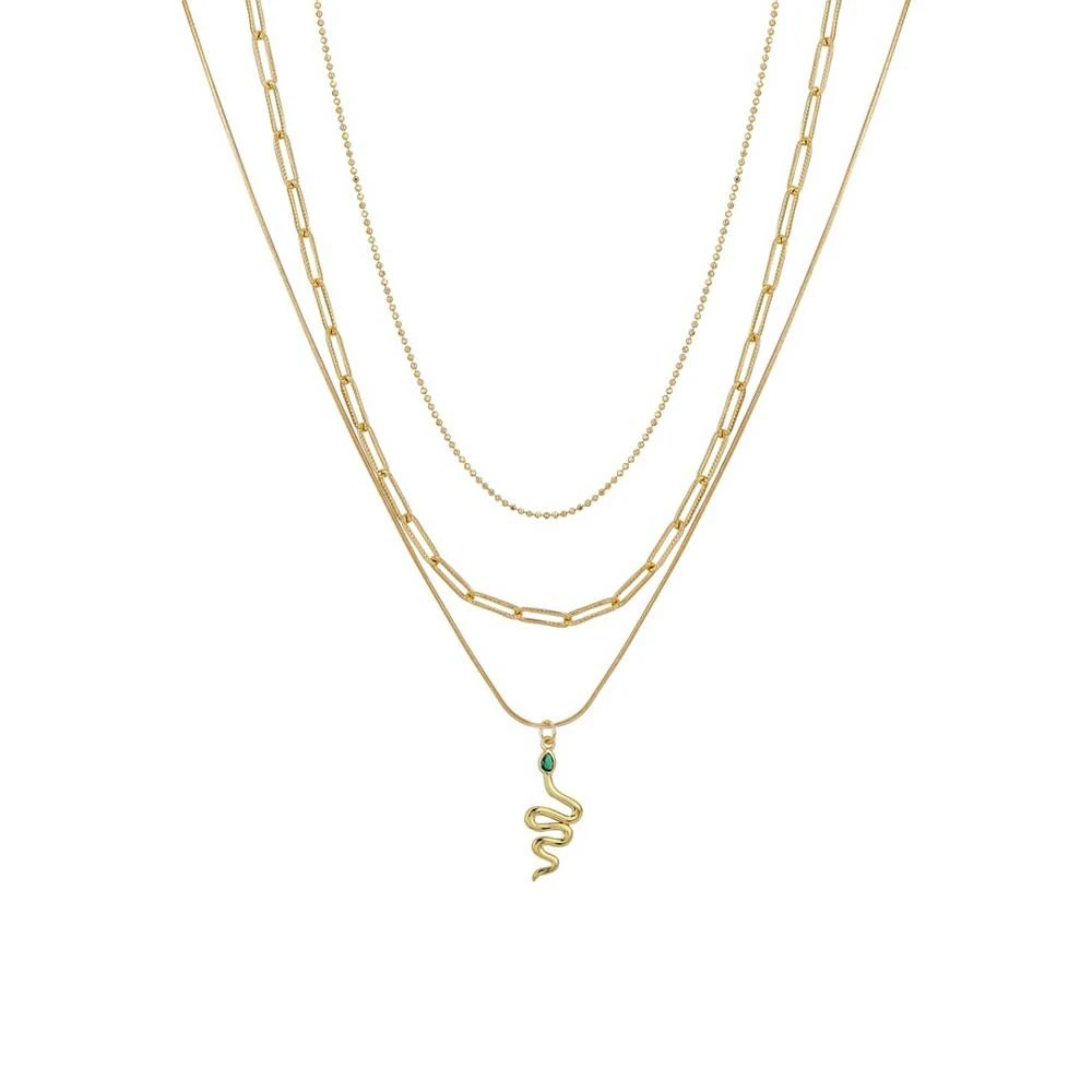 商品Unwritten|14K Gold Flash Plated Brass Green Cubic Zirconia Snake Pendant on a Round Herringbone, Link Chain and Beaded, 3-Piece Chain Necklace Set,价格¥375,第1张图片