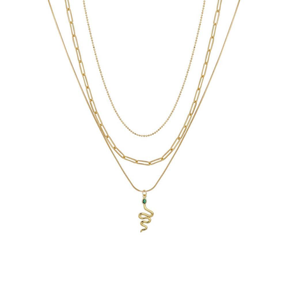 商品Unwritten|14K Gold Flash Plated Brass Green Cubic Zirconia Snake Pendant on a Round Herringbone, Link Chain and Beaded, 3-Piece Chain Necklace Set,价格¥215,第1张图片