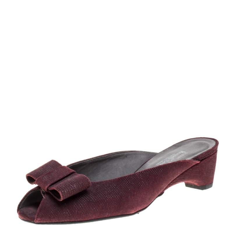 Stuart Weitzman Burgundy Textured Suede Bow Peep Toe Slide Sandals Size 38商品第1张图片规格展示