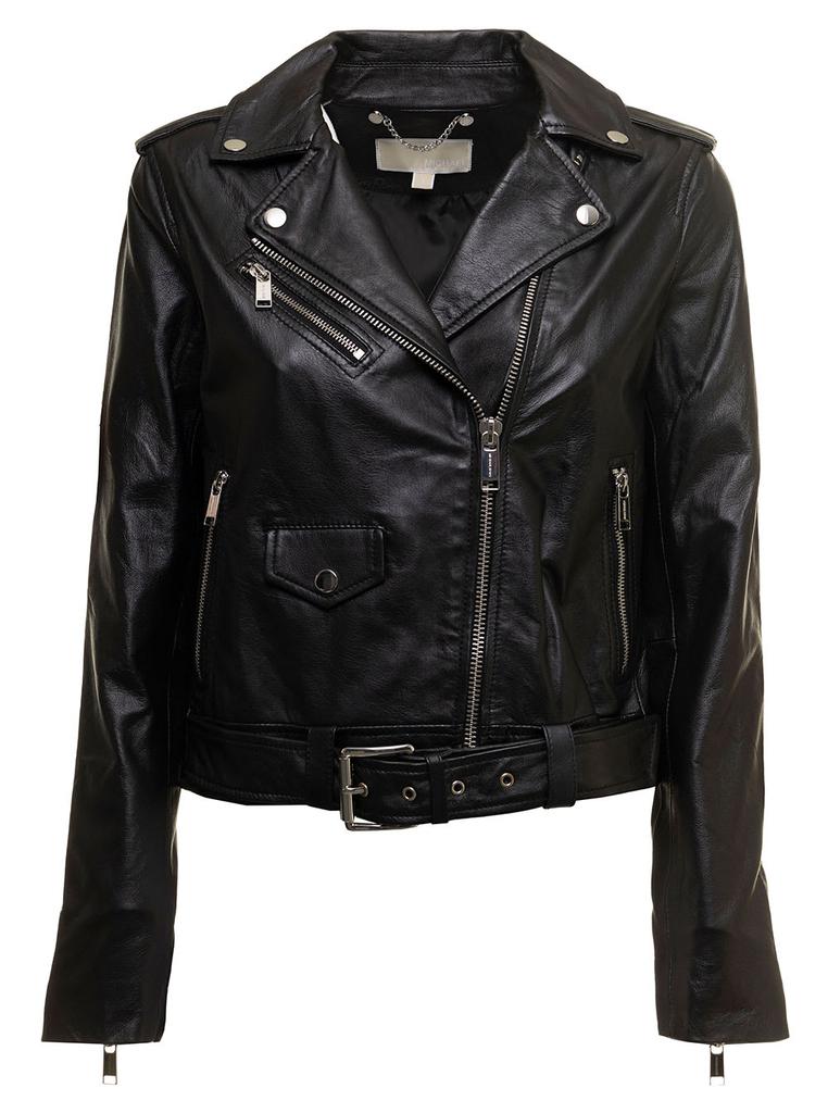 MICHAEL Michael Kors M Michael Kors Womans Black Leather Biker Jacket商品第1张图片规格展示
