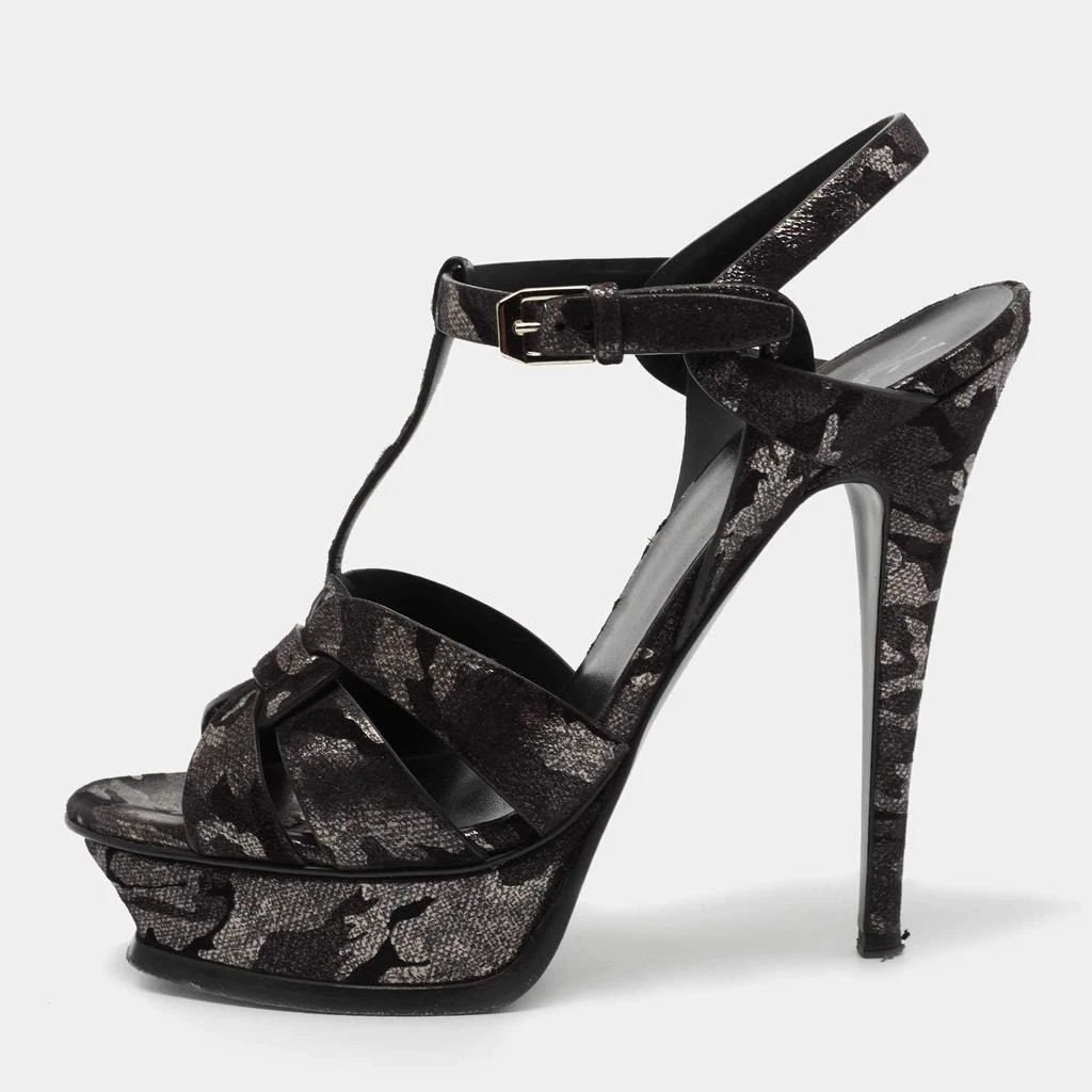 商品[二手商品] Yves Saint Laurent|Yves Saint Laurent Black/Silver  Suede Tribute Ankle Strap  Sandals Size 38,价格¥3242,第1张图片