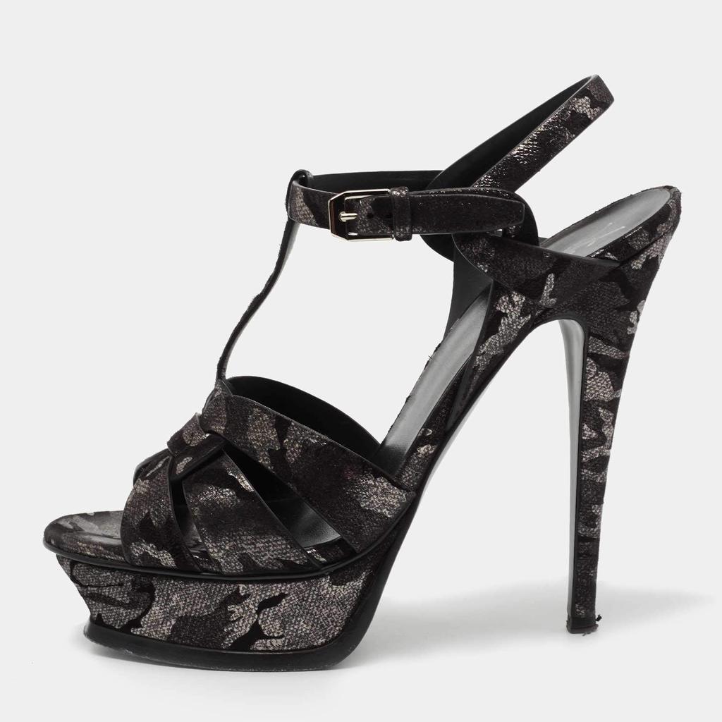 商品[二手商品] Yves Saint Laurent|Yves Saint Laurent Black/Silver  Suede Tribute Ankle Strap  Sandals Size 38,价格¥3247,第1张图片