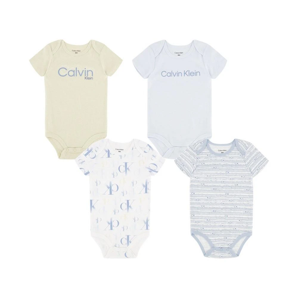 商品Calvin Klein|Baby Boys Short Sleeve Logo Bodysuits, Pack of 4,价格¥105,第1张图片