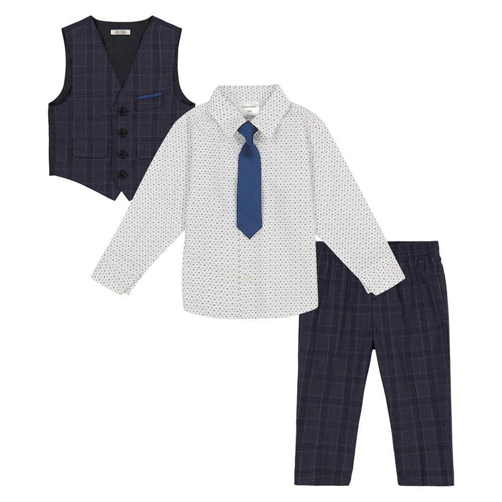 商品Calvin Klein|Little Boys Textured Plaid Vest, Dress Shirt, Pant and Clip-on Tie, 4 Piece Set,价格¥365,第1张图片