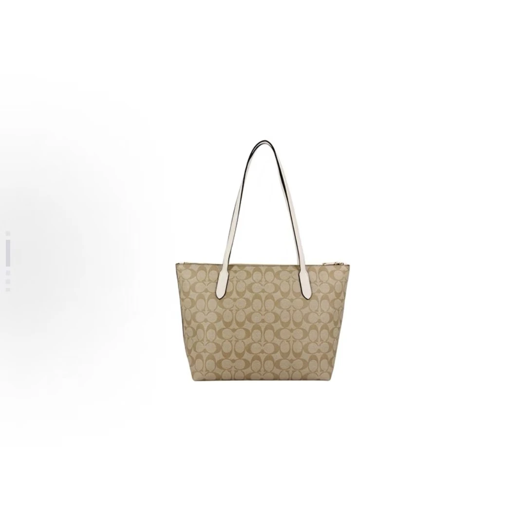 COACH蔻驰 Zip Top Tote 30 老花帆布配皮托特包Tote包购物袋单肩包 大号 女款 白色配棕色老花 商品