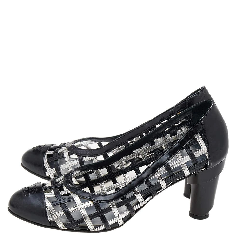 商品[二手商品] Chanel|Chanel Black/Silver Woven Leather Block Heel Pumps Size 38.5,价格¥3215,第4张图片详细描述