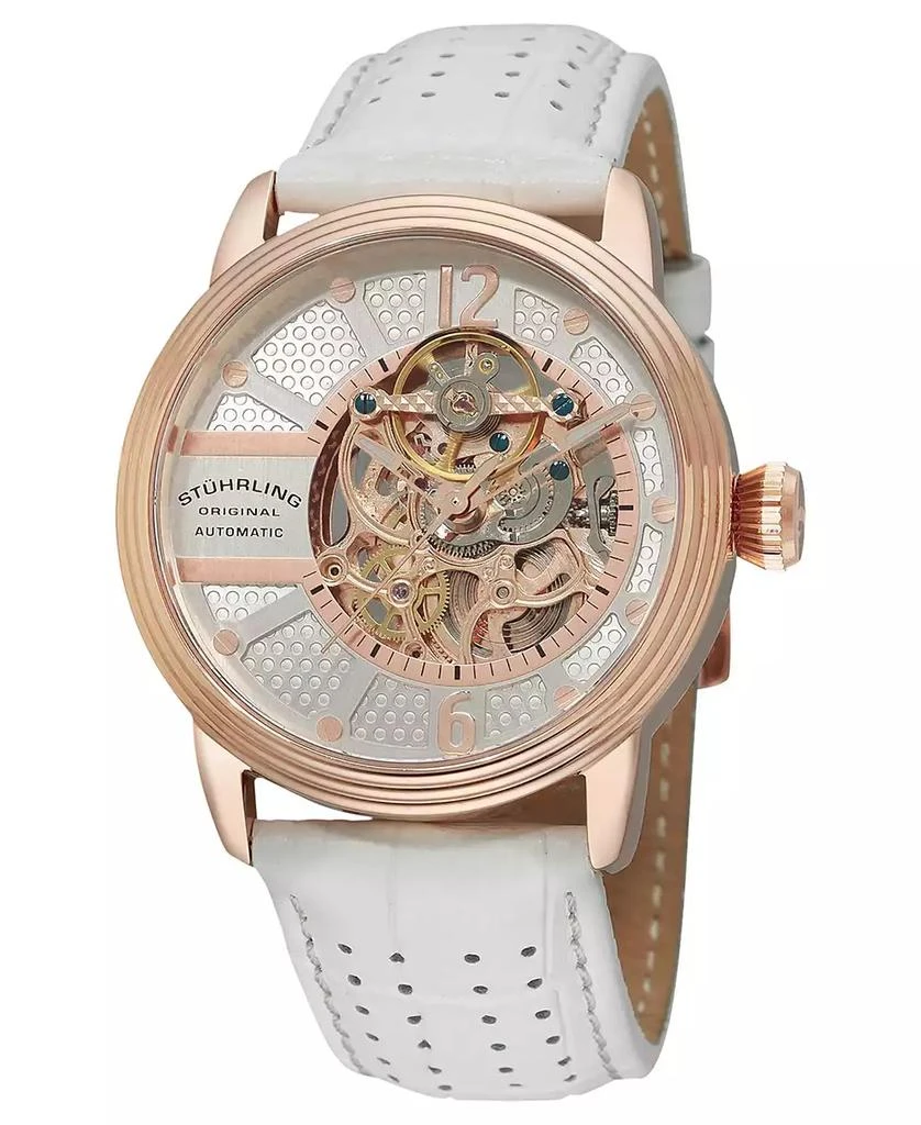 商品Stuhrling|Stainless Steel Rose Tone Case on White Perforated Alligator Embossed Genuine Leather Strap with Gray Contrast Stitching, Silver Skeletonized Dial, with Rose Tone Accents,价格¥1699,第1张图片