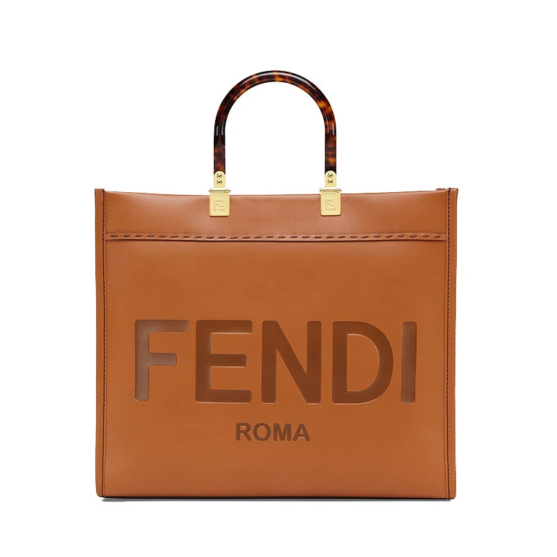 商品Fendi|【预售3-7天】FENDI/芬迪SUNSHINE系列 棕色皮革饰有机玻璃手柄手提中号购物包 8BH386ABVLF0PWZ,价格¥18080,第1张图片