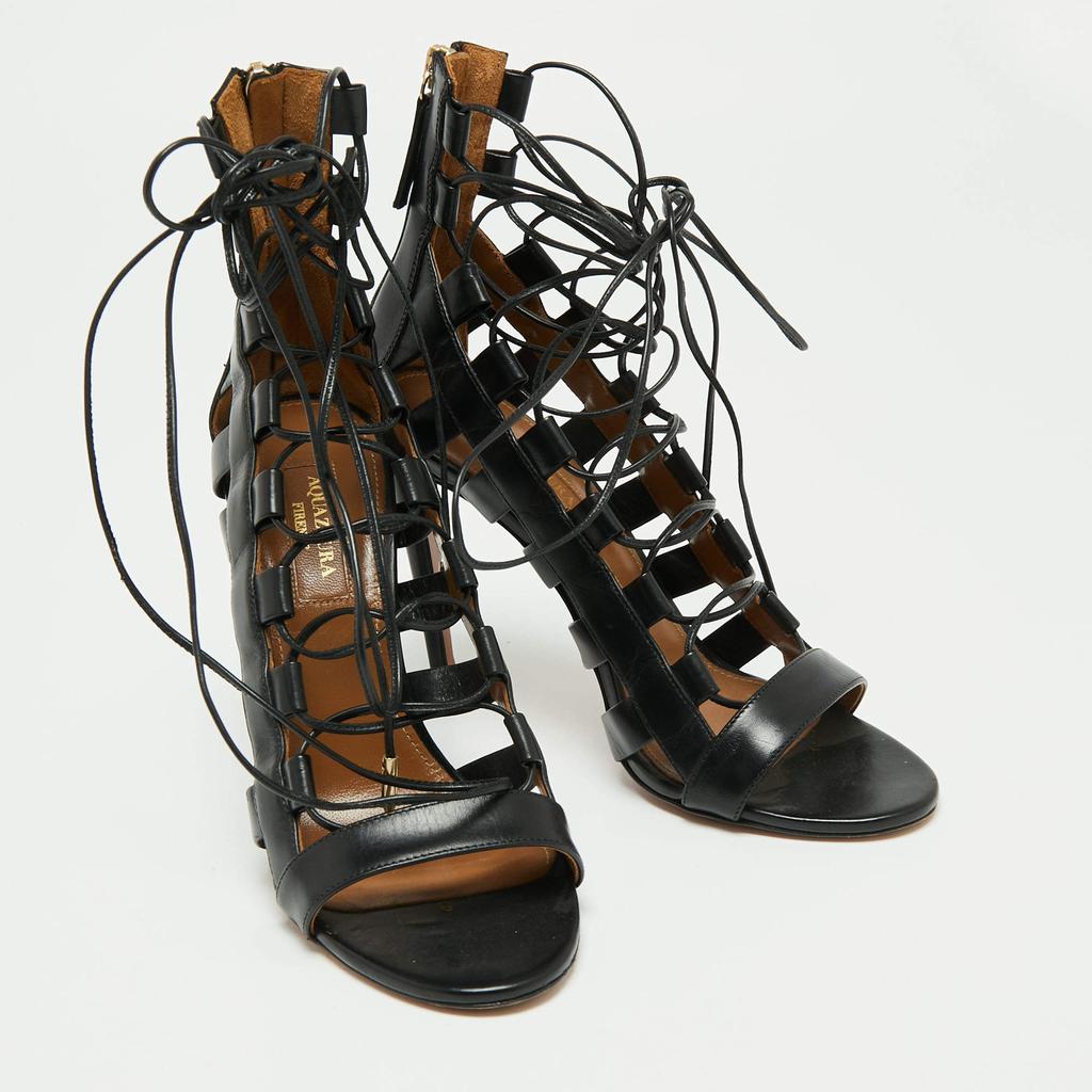 Aquazzura Black Leather Amazon Lace Up Open-Toe Sandals Size 37商品第4张图片规格展示