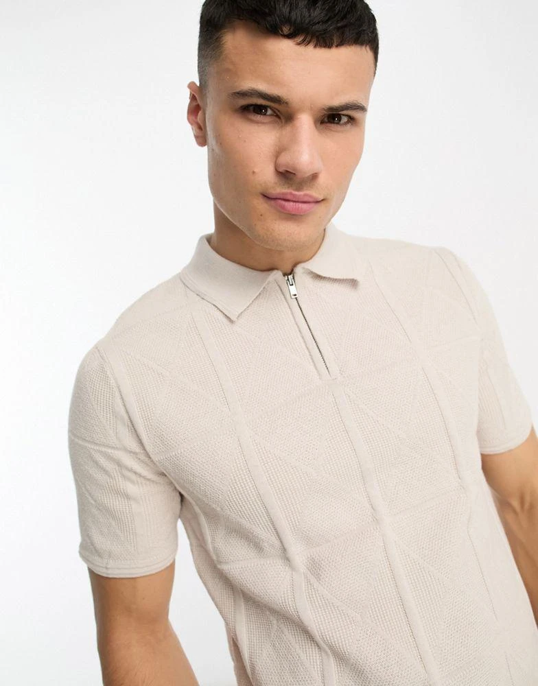 商品River Island|River Island diamond stitch polo in stone,价格¥326,第1张图片