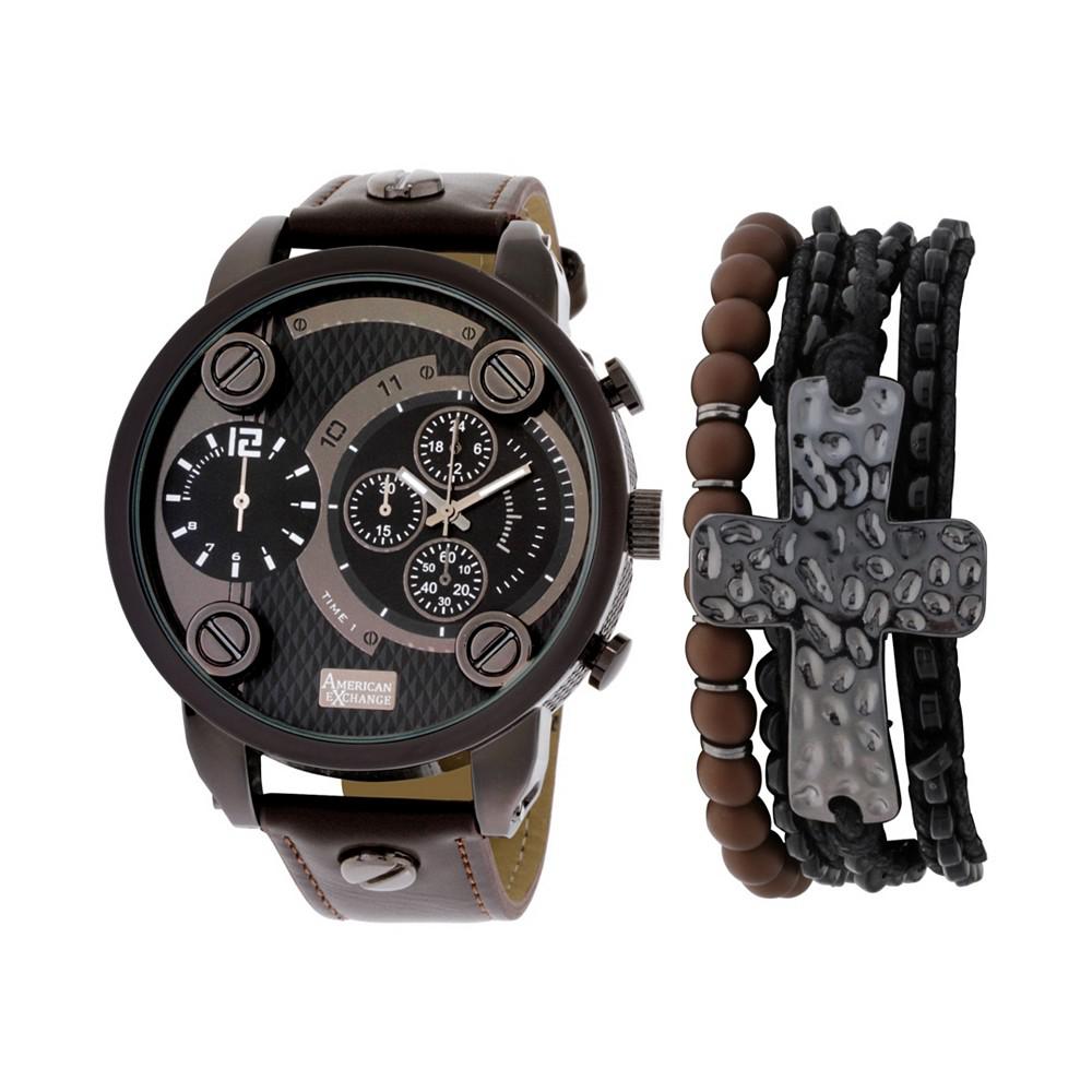 Men's Brown Leather Strap Watch 40mm Gift Set, 2 Piece商品第1张图片规格展示