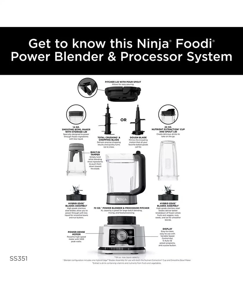 商品Ninja|Foodi® Power Blender & Processor System with Smoothie Bowl Maker and Nutrient Extractor* + 4in1 Blender 1400WP,价格¥1510,第5张图片详细描述