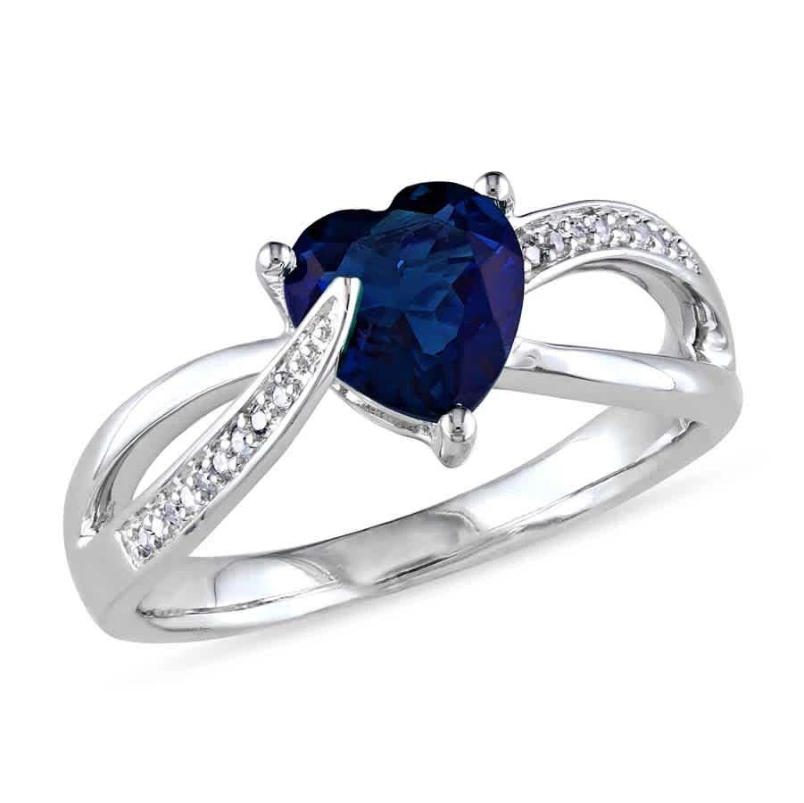 商品Amour|Delmar Created Blue Sapphire and Diamond Heart Crossover Ring in Sterling Silver - Size 5,价格¥615,第1张图片
