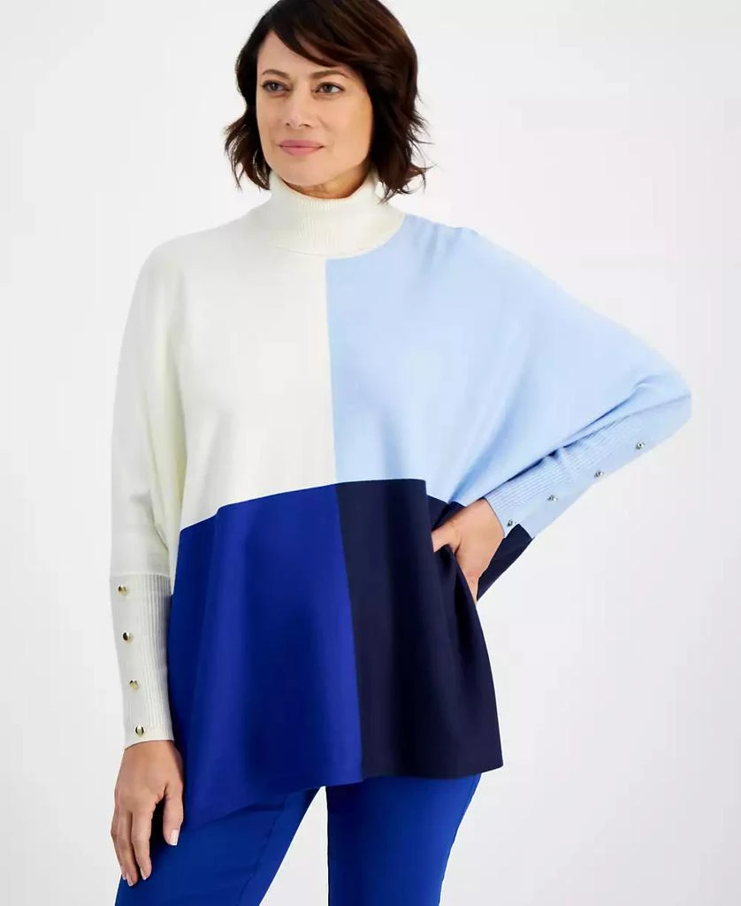 商品JM Collection|Petite Turtleneck Colorblocked Button-Trim Poncho Sweater, Created for Macy's,价格¥178,第1张图片