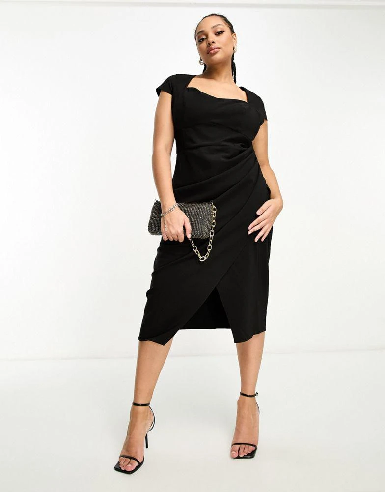 商品ASOS|ASOS DESIGN Curve sweetheart neckline ruched waist midi dress with cap sleeves in black,价格¥383,第3张图片详细描述