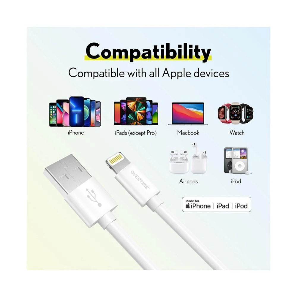 商品Overtime|Apple MFi Certified iPhone 11/XR/SE/10/8 1ft Charging Cable | USB to Lightning Cable for iPhone - White (2-Pack),价格¥134,第3张图片详细描述