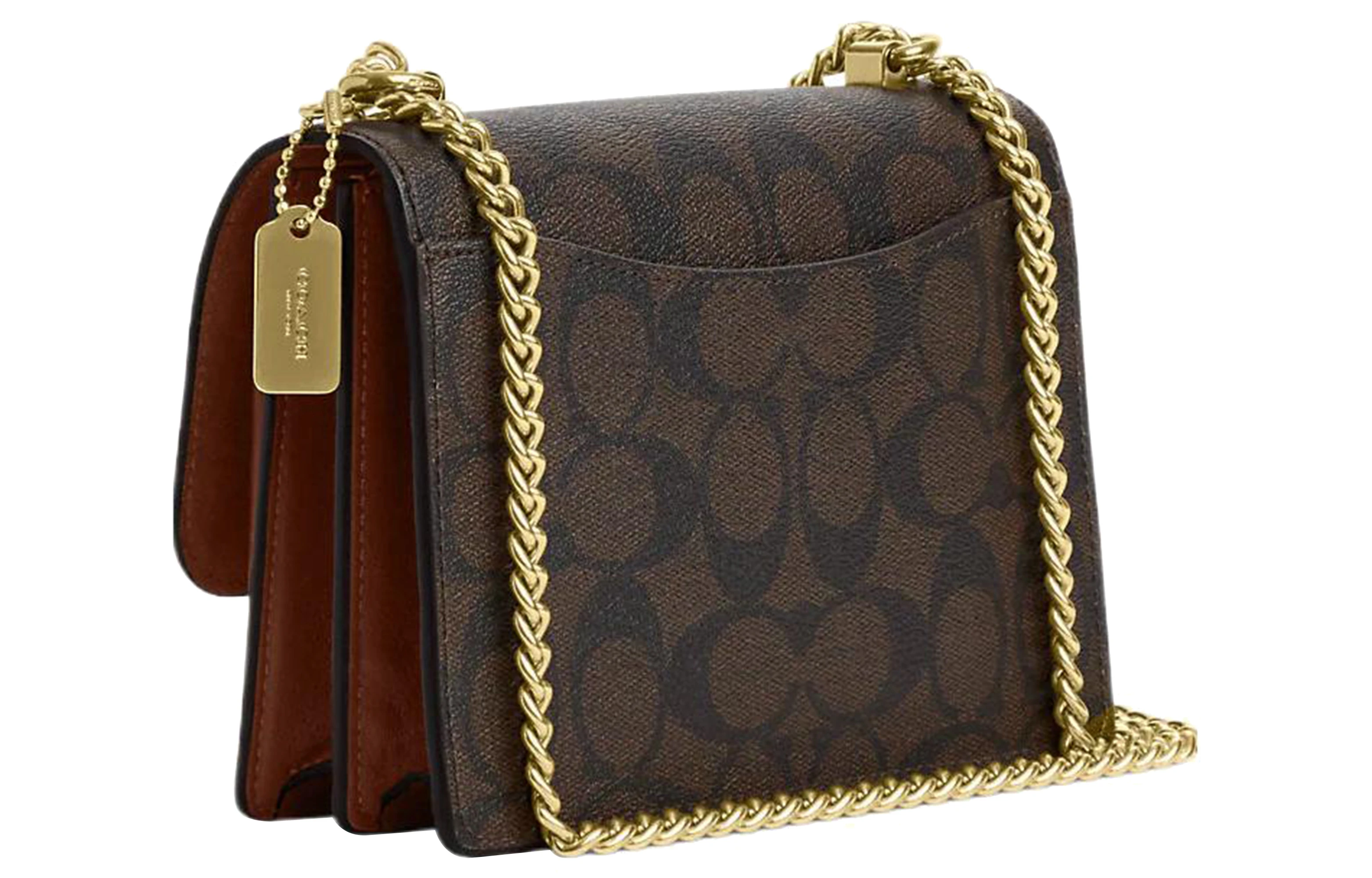 商品[国内直发] Coach|蔻驰 Klare 18 经典老花翻盖字母Logo徽标链条 帆布拼皮革 单肩斜挎包 迷你 女款 红木拼褐色,价格¥2644,第3张图片详细描述