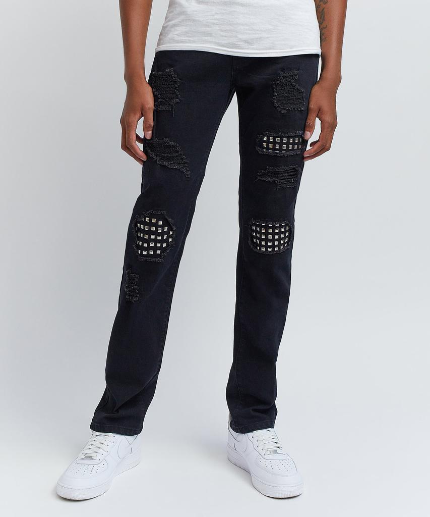 商品Reason Clothing|Jace Studded Rip And Repair Slim Fit Black Denim Jeans,价格¥363,第4张图片详细描述