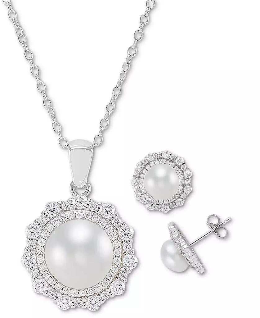 商品Macy's|2-Pc. Set Cultured Freshwater Pearl (7mm & 9mm) Cubic Zirconia Pendant Necklace & Matching Stud Earrings in Sterling Silver,价格¥468,第1张图片