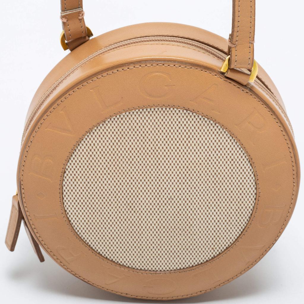 Bvlgari Beige Leather and Canvas Round Clutch Bag商品第5张图片规格展示