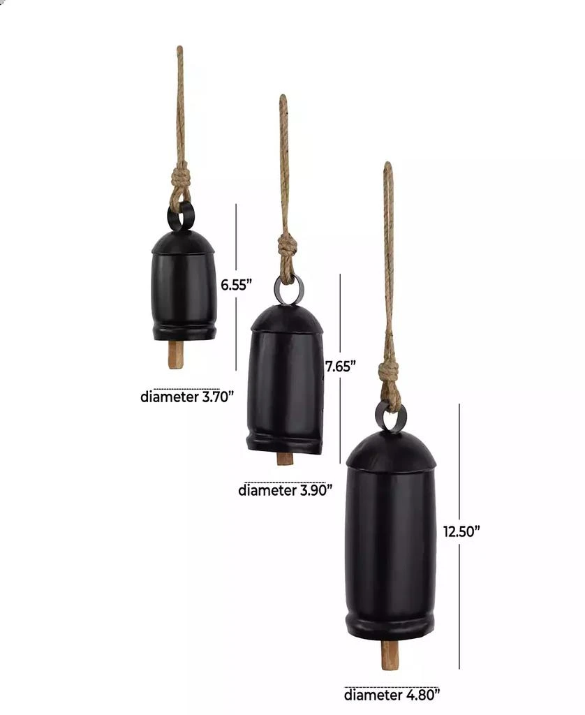 商品Rosemary Lane|Black Metal Bohemian Decorative Cow Bell with Jute Hanging Rope Set 3 Pieces,价格¥350,第2张图片详细描述