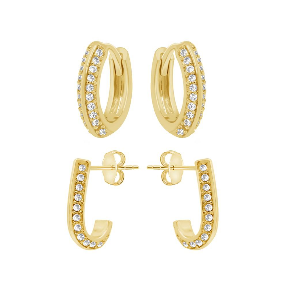 Cubic Zirconia Huggie Hoop and J Hoop Duo Set, Gold Plate and Silver Plate商品第1张图片规格展示