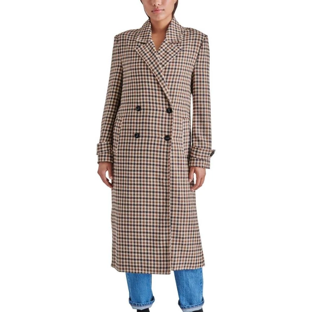 商品Steve Madden|Prince Double Breasted Long Coat In Brown Plaid,价格¥667,第4张图片详细描述