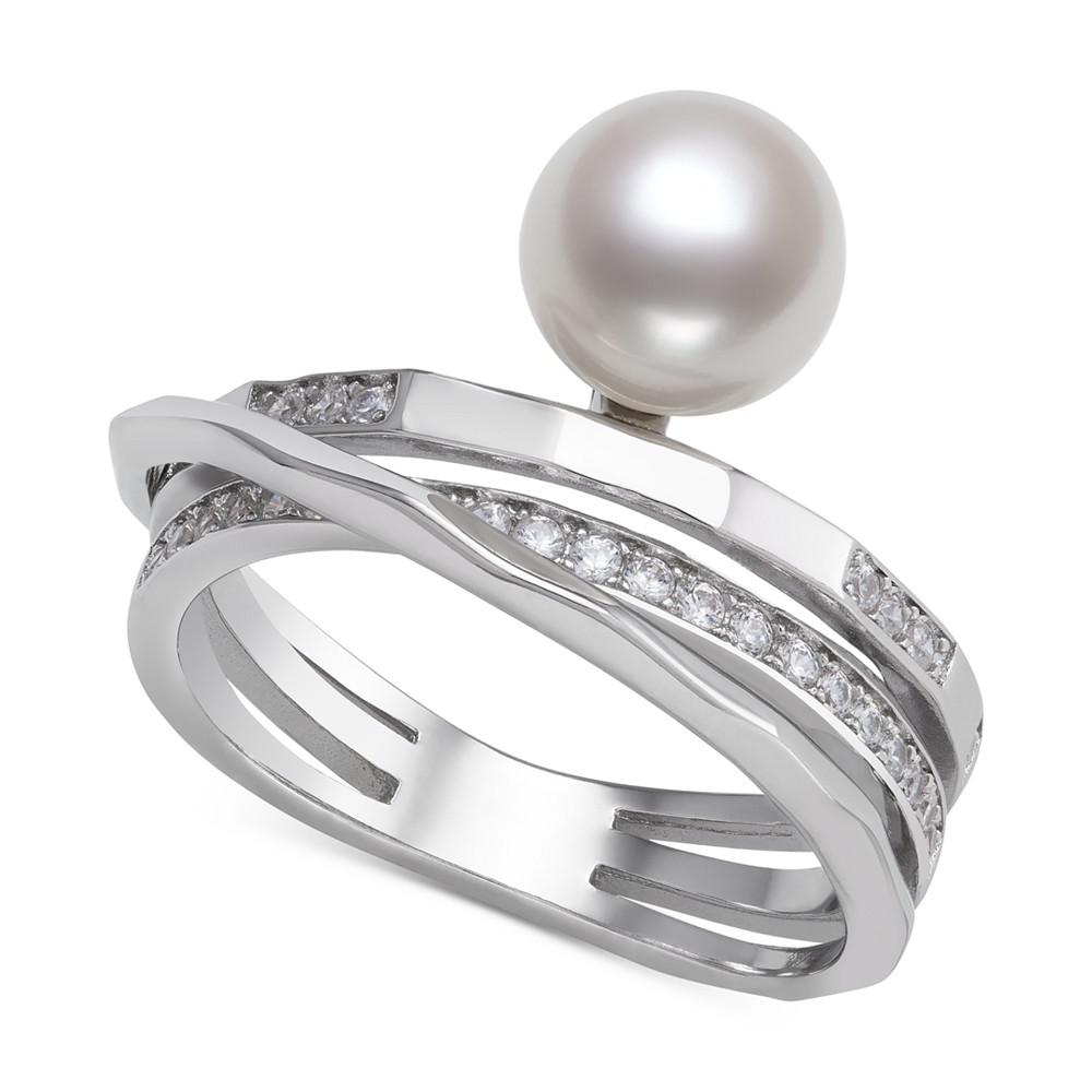 Cultured Freshwater Button Pearl (7mm) & Cubic Zirconia Multirow Statement Ring in Sterling Silver商品第1张图片规格展示