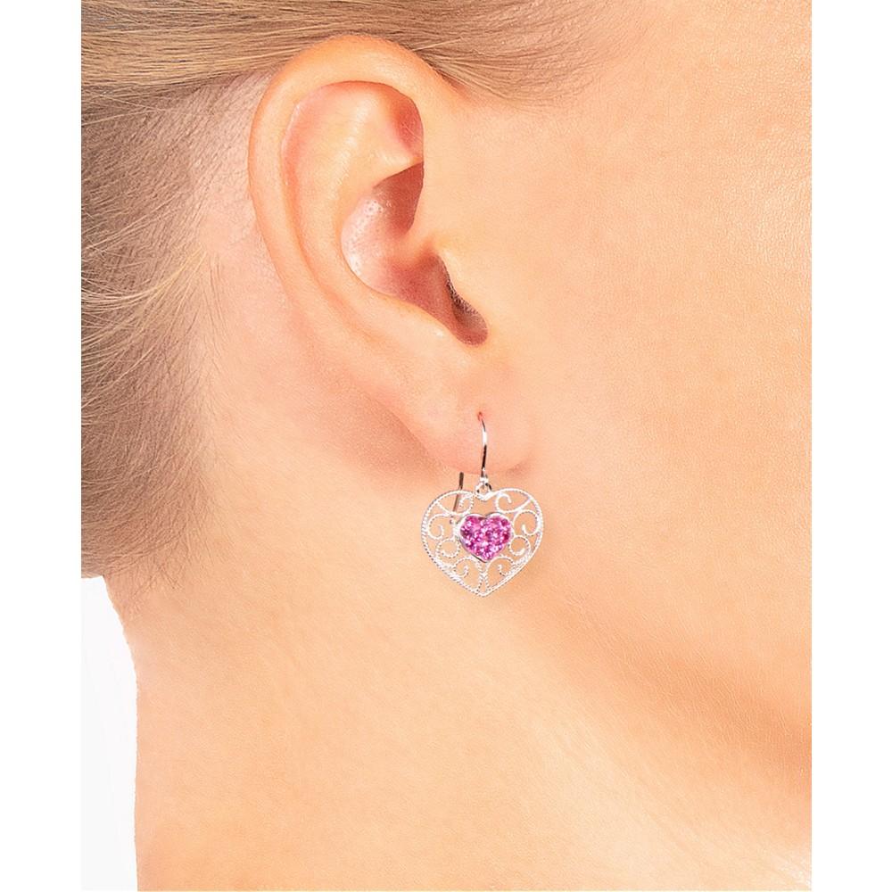 Gray and Pink Crystal (0.35 ct.t.w) Filigree Heart Drop Earrings in Sterling Silver商品第2张图片规格展示