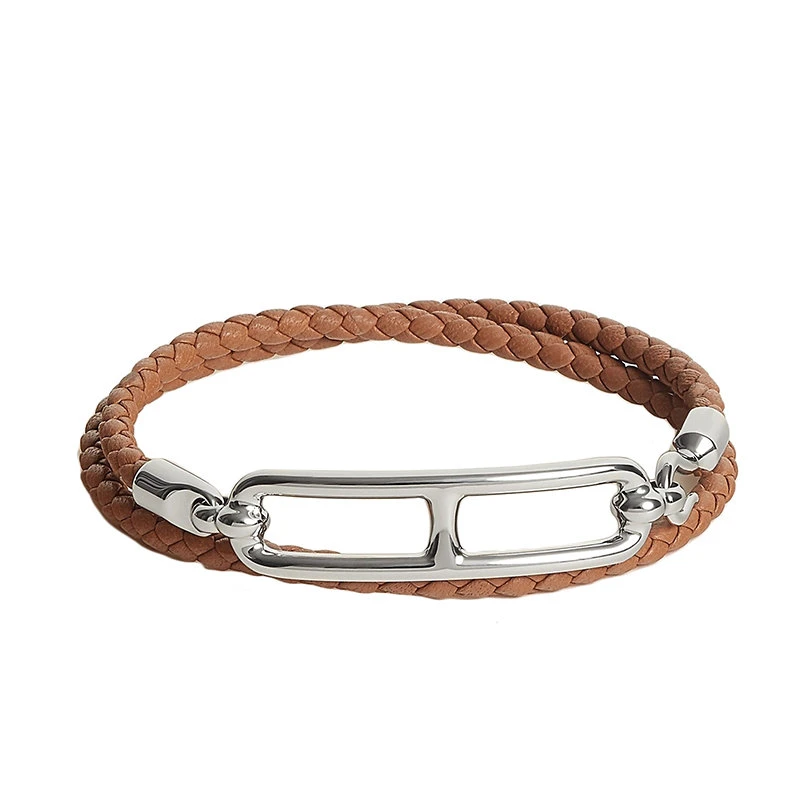 商品Hermes|【预售3-7天】HERMES/爱马仕 22春夏新款Roulis系列 金棕色小牛皮银色猪鼻扣编织双圈手链H071727FP37,价格¥3280,第1张图片