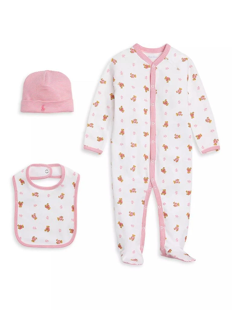 商品Ralph Lauren|Baby Girl's Polo Bear Print Footie, Beanie & Bib Set,价格¥562,第1张图片