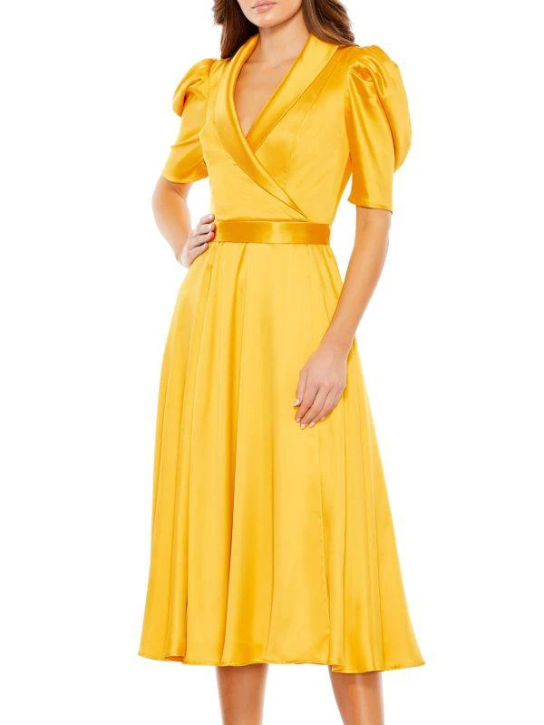 商品Mac Duggal|Puff Sleeve Satin Tea Length Dress,价格¥1799,第1张图片