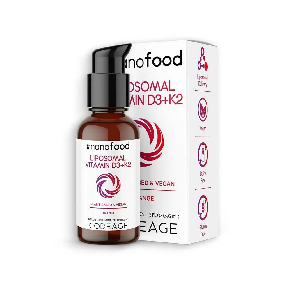 商品Codeage|Plant Based Vitamin D3 + K2 Liquid Drops - Sugar-Free, Vegan D + MK-7 Supplement - 2 fl oz,价格¥187,第2张图片详细描述