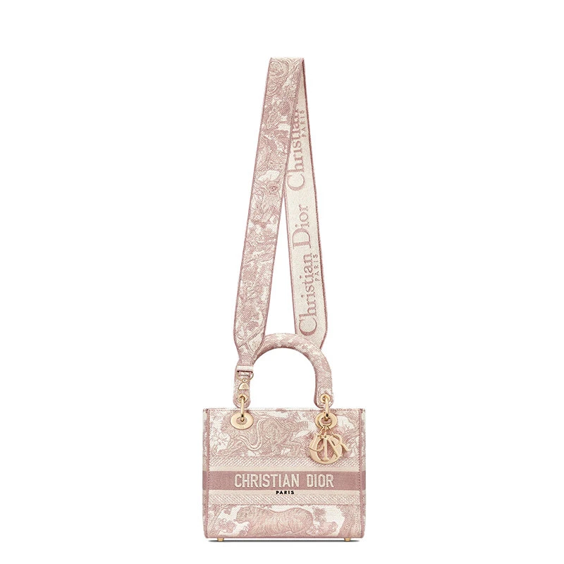 商品Dior|【预售3-7天】迪奥 21秋冬LADY D-LITE系列 女士中号玫瑰粉色印花双面刺绣织物宽肩带单肩斜挎手提戴妃包M0565OTDT_M912,价格¥33967,第6张图片详细描述