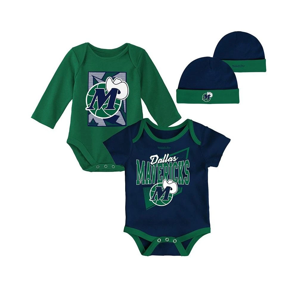商品Mitchell & Ness|Infant Boys and Girls Navy, Green Dallas Mavericks Hardwood Classics Bodysuits and Cuffed Knit Hat Set,价格¥301,第1张图片