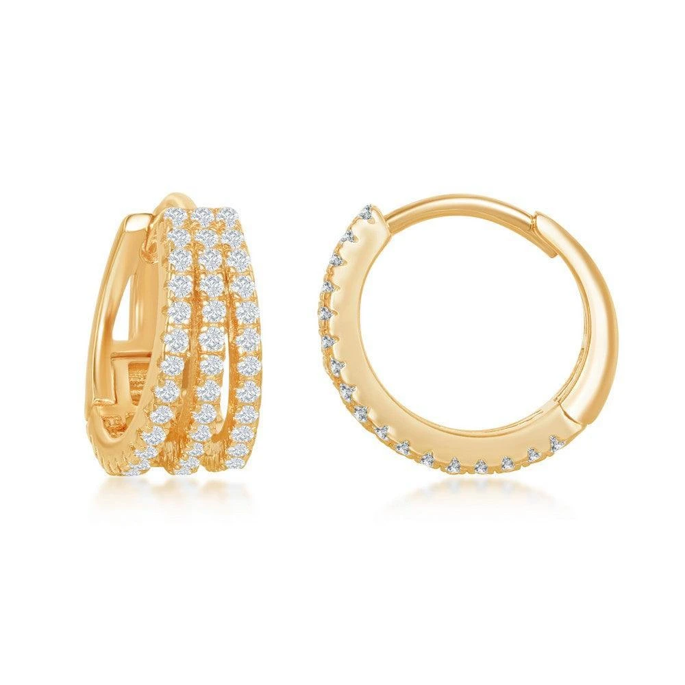 商品Classic|Sterling Silver Gold Plated Triple Row CZ Hoop Earrings,价格¥229,第1张图片