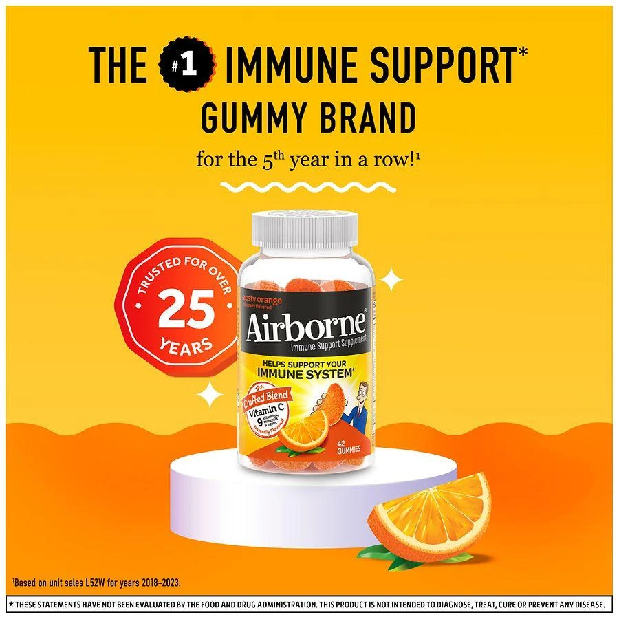 商品Airborne|Vitamin C, E, Zinc, Minerals & Herbs Immune Support Supplement Gummies Orange,价格¥160,第2张图片详细描述