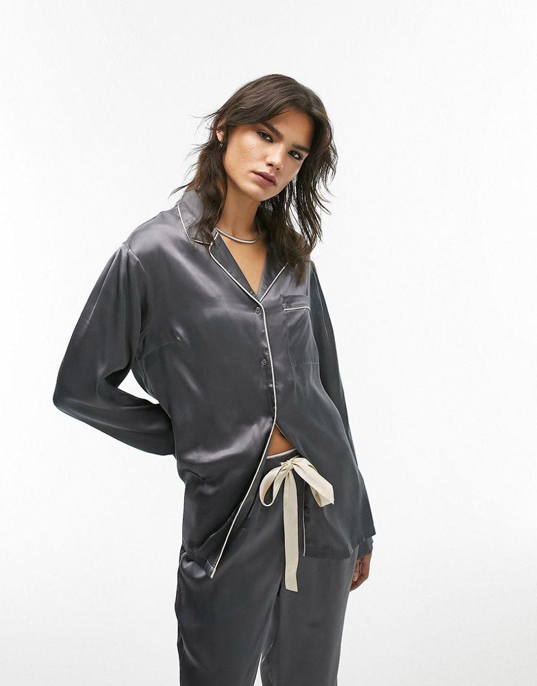 Topshop satin piped shirt & trouser pyjama set in slate grey商品第4张图片规格展示
