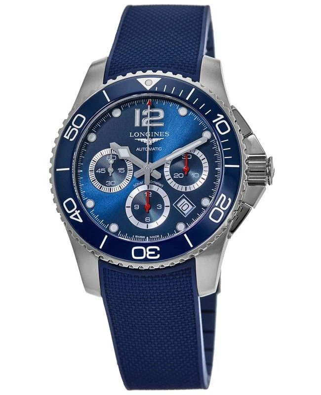 商品Longines|Longines HydroConquest Automatic Chronograph 43mm Blue Dial Blue Rubber Strap Men's Watch L3.883.4.96.9,价格¥14396,第1张图片
