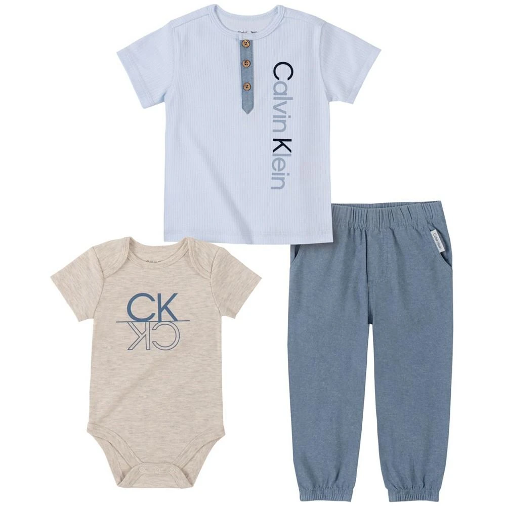 商品Calvin Klein|Baby Boys Henley T-shirt, Heather Bodysuit and Chambray Joggers, 3 Piece Set,价格¥260,第1张图片