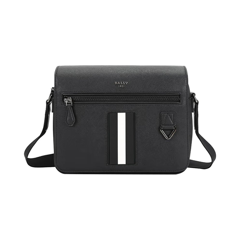 商品Bally|BALLY 男士黑色皮革撞色条纹邮差包斜挎包 6238770,价格¥3265,第1张图片