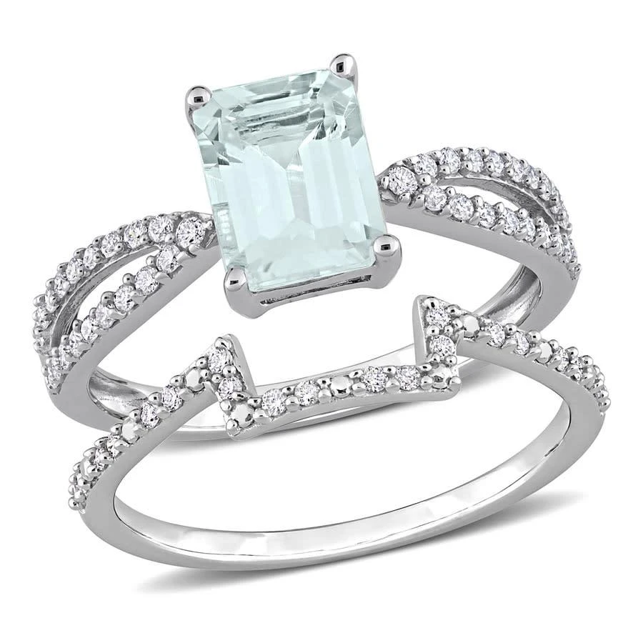商品Amour|14k White Gold 1 7/8 CT TGW Octagon Aquamarine and 1/3 CT TDW Diamond Bridal Ring Set,价格¥6471,第1张图片