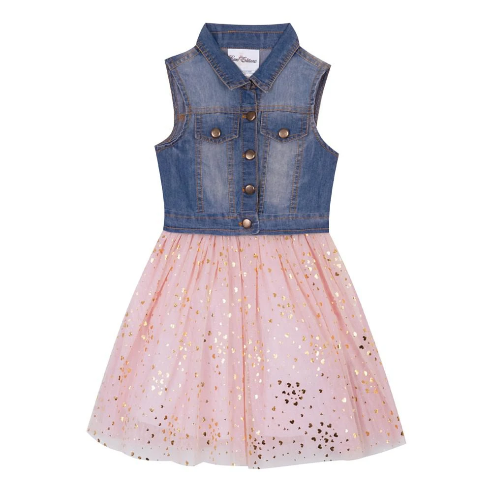 商品Rare Editions|Big Girls Denim Vest Dress to Foil Mesh Skirt Dress,价格¥216,第1张图片