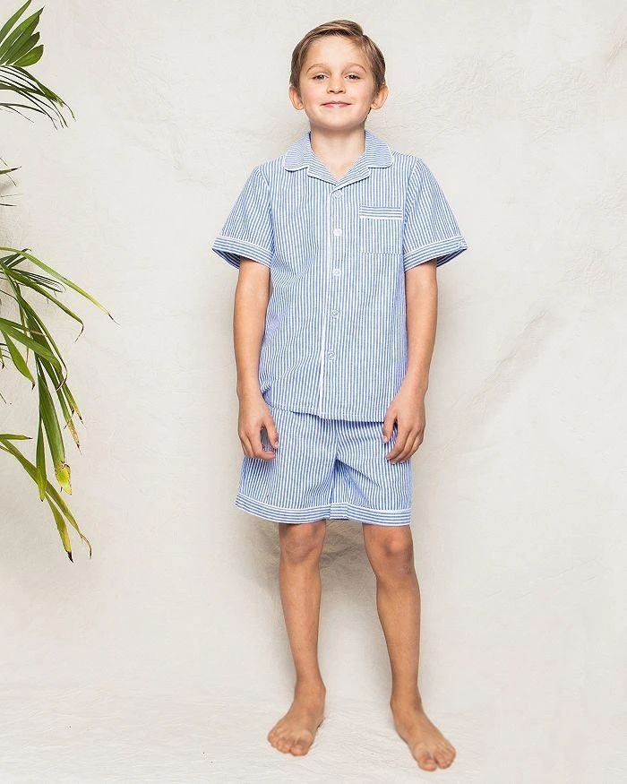商品Petite Plume|Unisex French Blue Seersucker Pajama Shorts Set - Baby, Little Kid, Big Kid,价格¥361,第2张图片详细描述