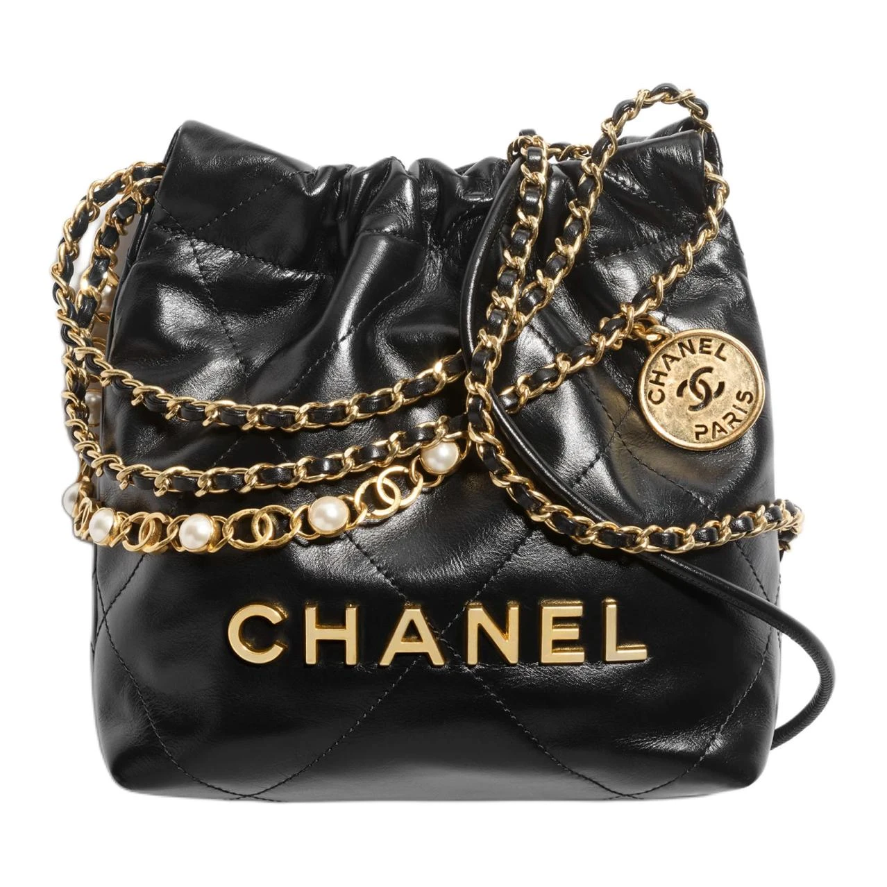 商品[国内直发] Chanel|香奈儿 22Bag 24A 品牌Logo抽绳开合 季节限定珍珠链条 亮面 小牛皮 单肩斜挎包 迷你 男女同款情侣款 黑色,价格¥45228,第1张图片