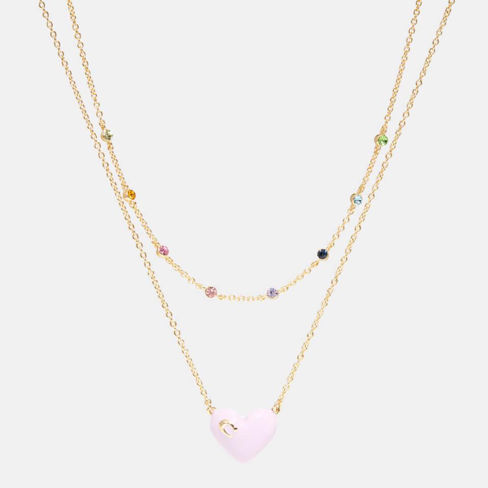 Coach Women's Enamel C Heart Double Chain Necklace - Gold/Pink Multi商品第1张图片规格展示