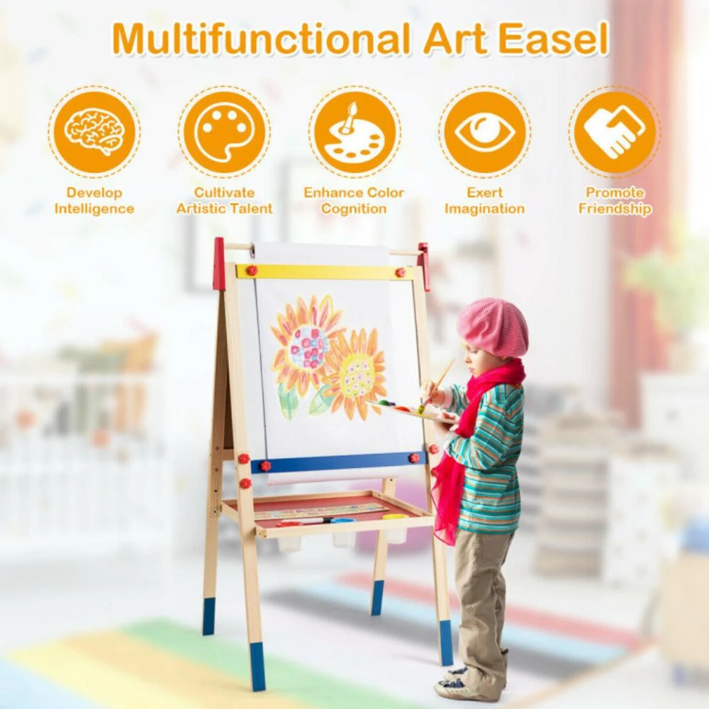商品Hivvago|All-in-One Wooden Height Adjustable Kid's Art Easel with Magnetic Stickers and Paper,价格¥896,第4张图片详细描述